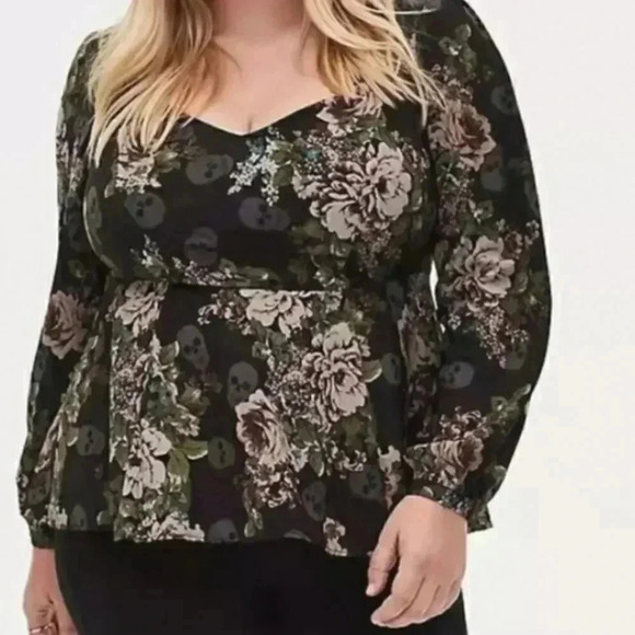 Torrid Floral Skull Crepe Sweetheart Peplum Blouse Plus Size 3X - Picture 1 of 10